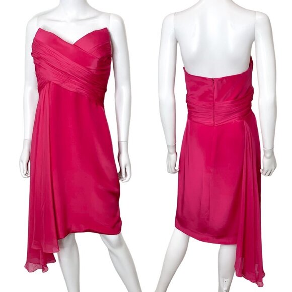 Marchesa Notte Strapless Asymmetrical Silk Chiffon Dress in Fuchsia Pink Size 10 - Picture 4 of 17